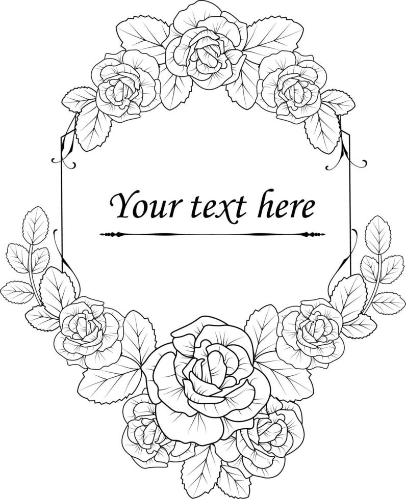 Isolated rose flower line art with leaf clipart, floral border, frame coloring pages. vector