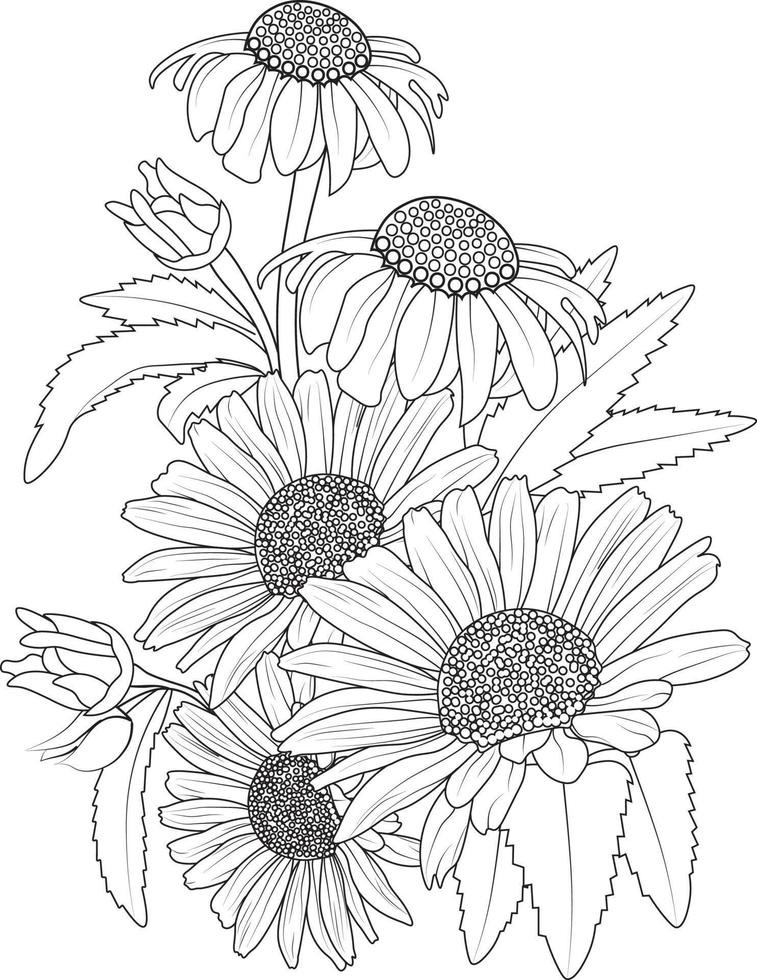 Bouquet of daisy flower hand drawn pencil sketch coloring page and book for adults isolated on white background floral element tattooing, illustration ink art. vector