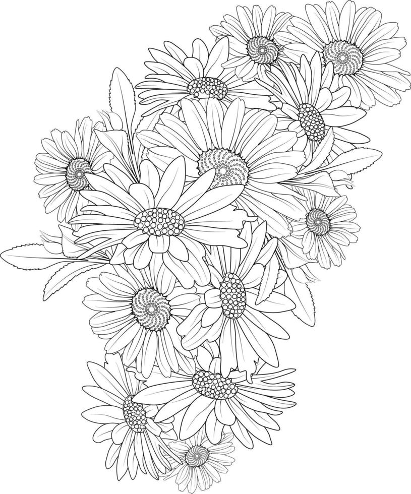 conjunto de una flor de margarita estilizada decorativa aislada sobre fondo blanco. ilustración vectorial muy detallada, garabatos y estilo zen, flores de flores de diseño de tatuajes. vector