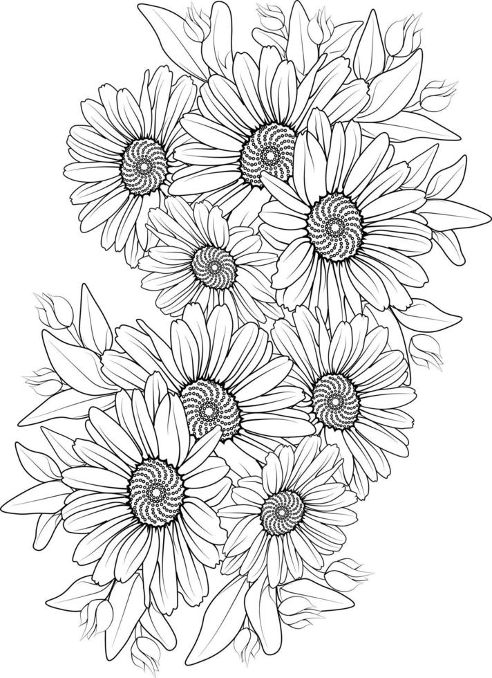 conjunto de una flor de margarita estilizada decorativa aislada sobre fondo blanco. ilustración vectorial muy detallada, garabatos y estilo zen, flores de flores de diseño de tatuajes. vector