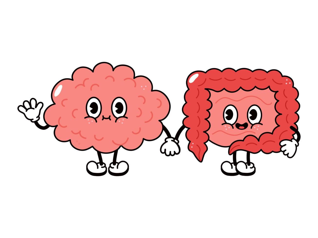 Cute, funny happy brain and intestines character. Vector hand drawn cartoon kawaii characters, illustration icon. Funny cartoon brain and intestines friends concept