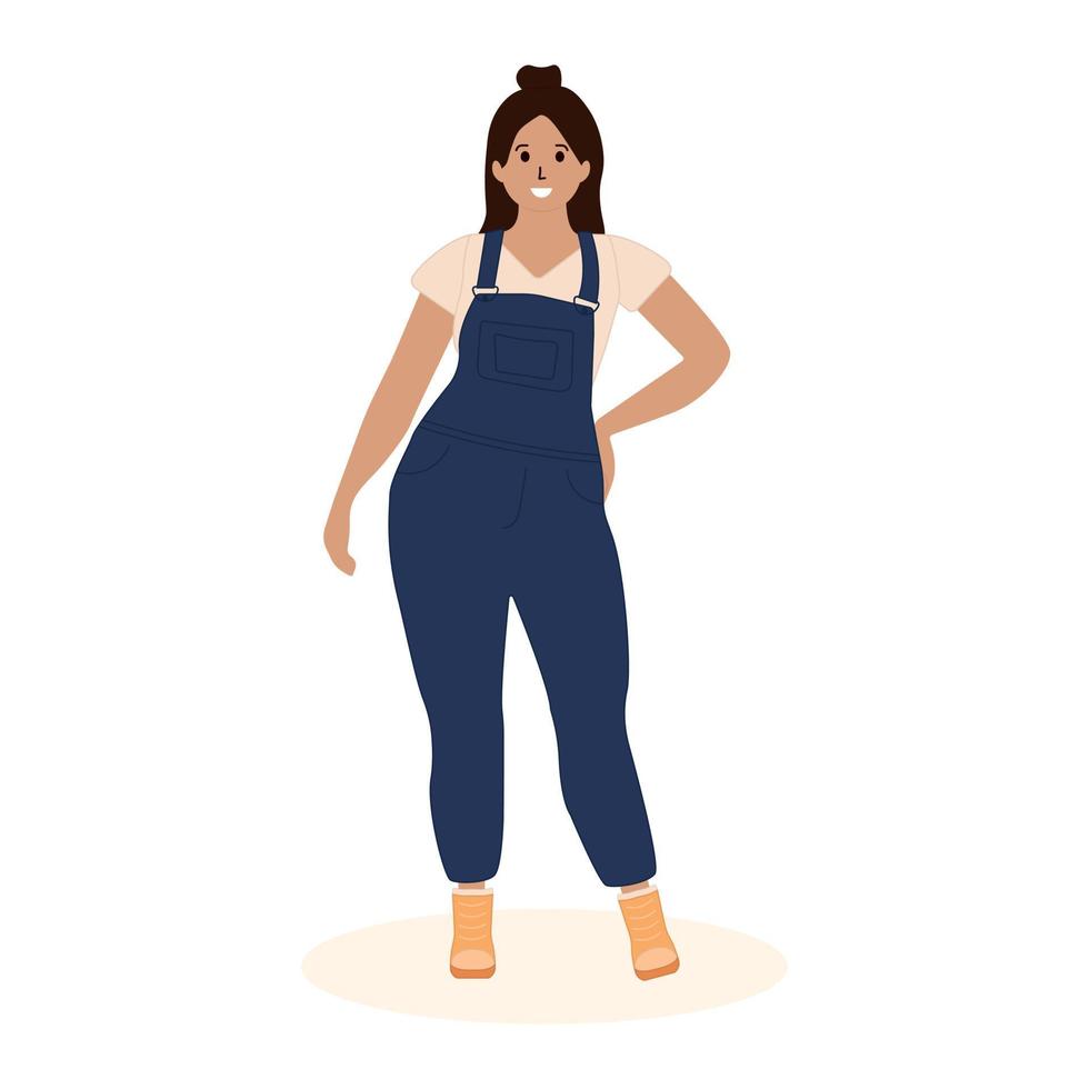 Beautiful curvy girl. Woman wearing a fashionable denim jumpsuit standing full length. vector