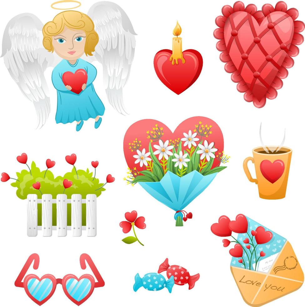 conjunto de elementos para el día de san valentín, un ángel con alas, un corazón y un ramo de flores vector