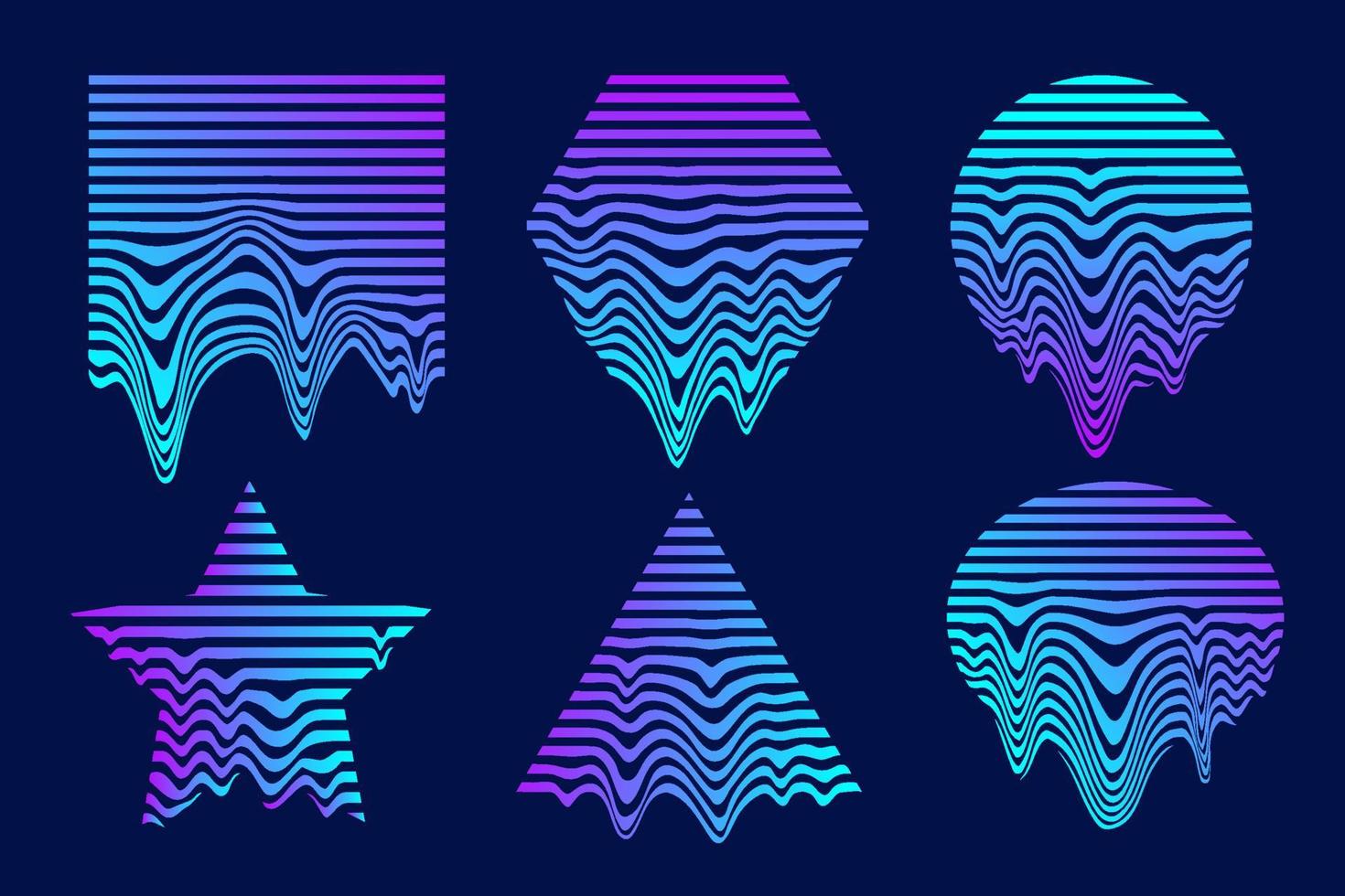 elementos geométricos de neón cyberpunk. conjunto de formas fundidas a rayas vintage con gradiente holográfico. diseño retro de memphis. arte futurista vectorial. vector