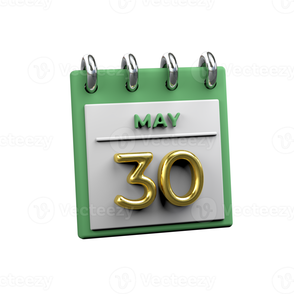 Monthly Calendar 30 May 3D Rendering png