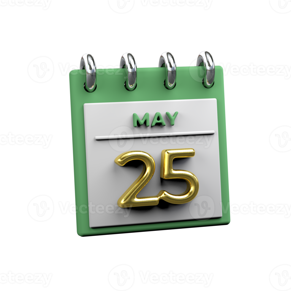 Monthly Calendar 25 May 3D Rendering png