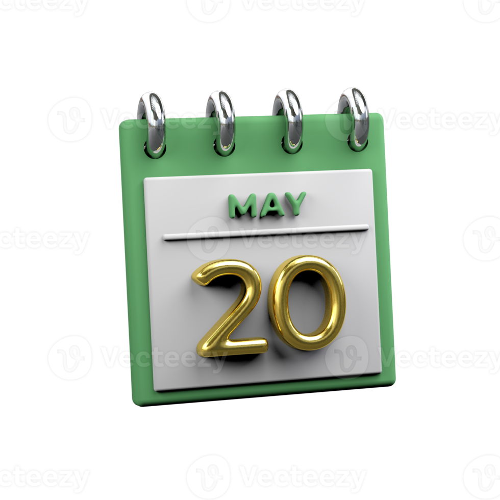 Monthly Calendar 20 May 3D Rendering png