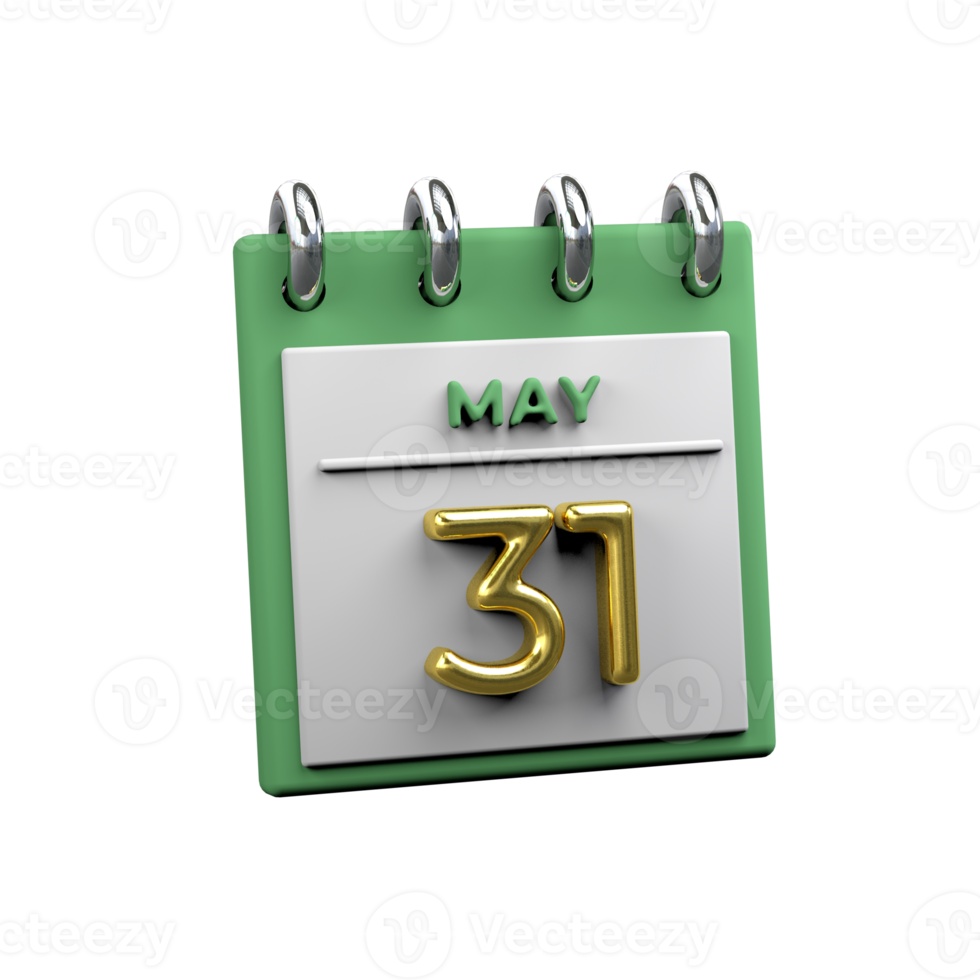 Monthly Calendar 31 May 3D Rendering png