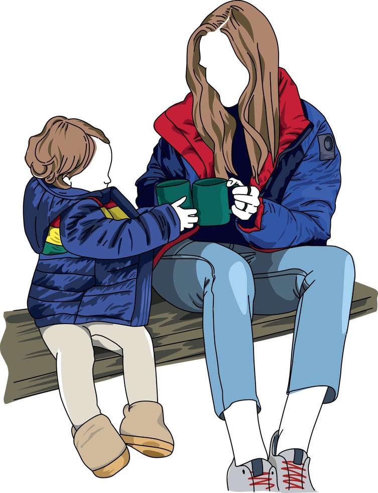 Mom and daughter minum drinking hot tea while camping vector