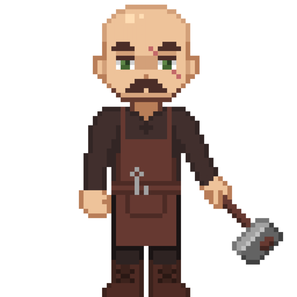 An 8 bit retro styled pixel art illustration of a black smith. png