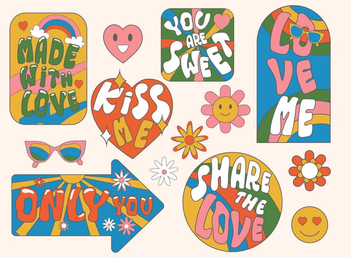 Groovy hippie lettering stickers. Fun retro clipart elements set. Rainbow, flowers,glasses and hearts in 60s, 70s style. vector