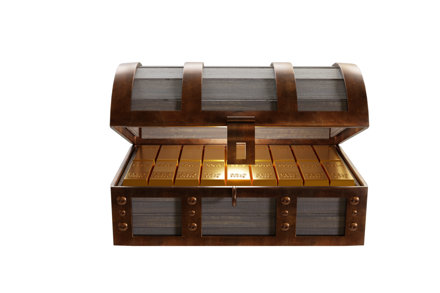Gold bars or ingots are placed in a treasure chest. Box is made of old 3D rendering. png