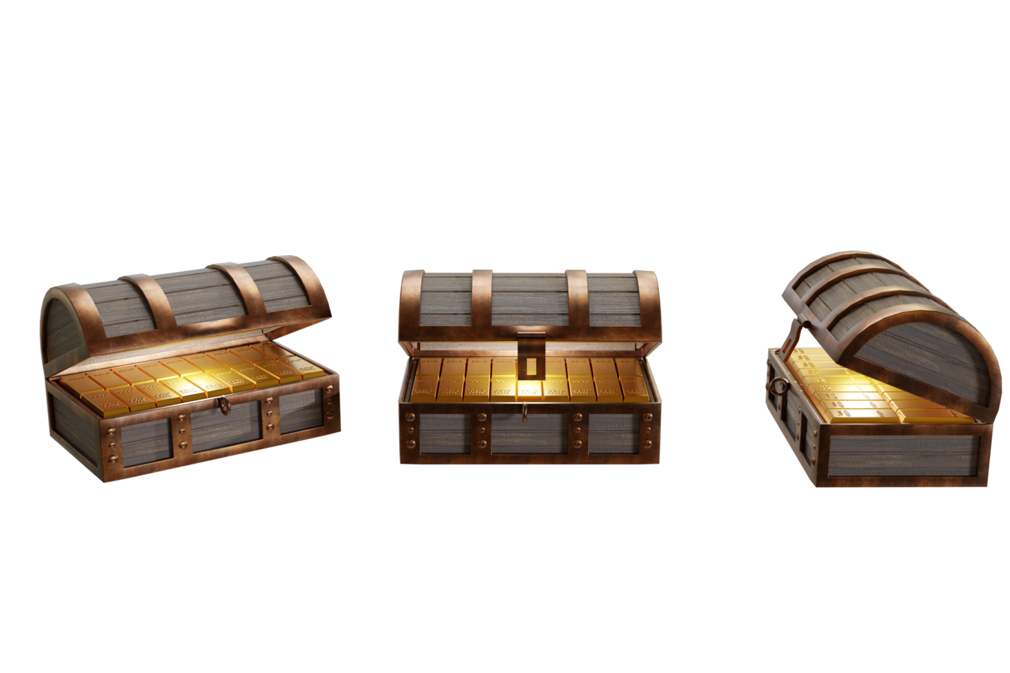 des lingots ou des lingots d'or sont placés dans un coffre au trésor. la boîte est faite d'ancien rendu 3d. png