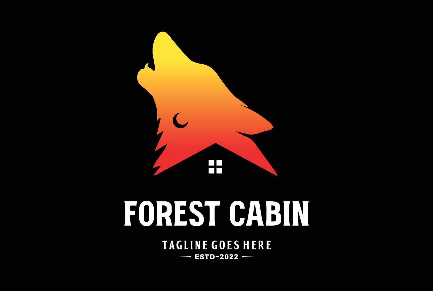 Sunset Howling Wolf Head with House Cabin Chalet for Outdoor Adventure Logo Icon Illustration vector