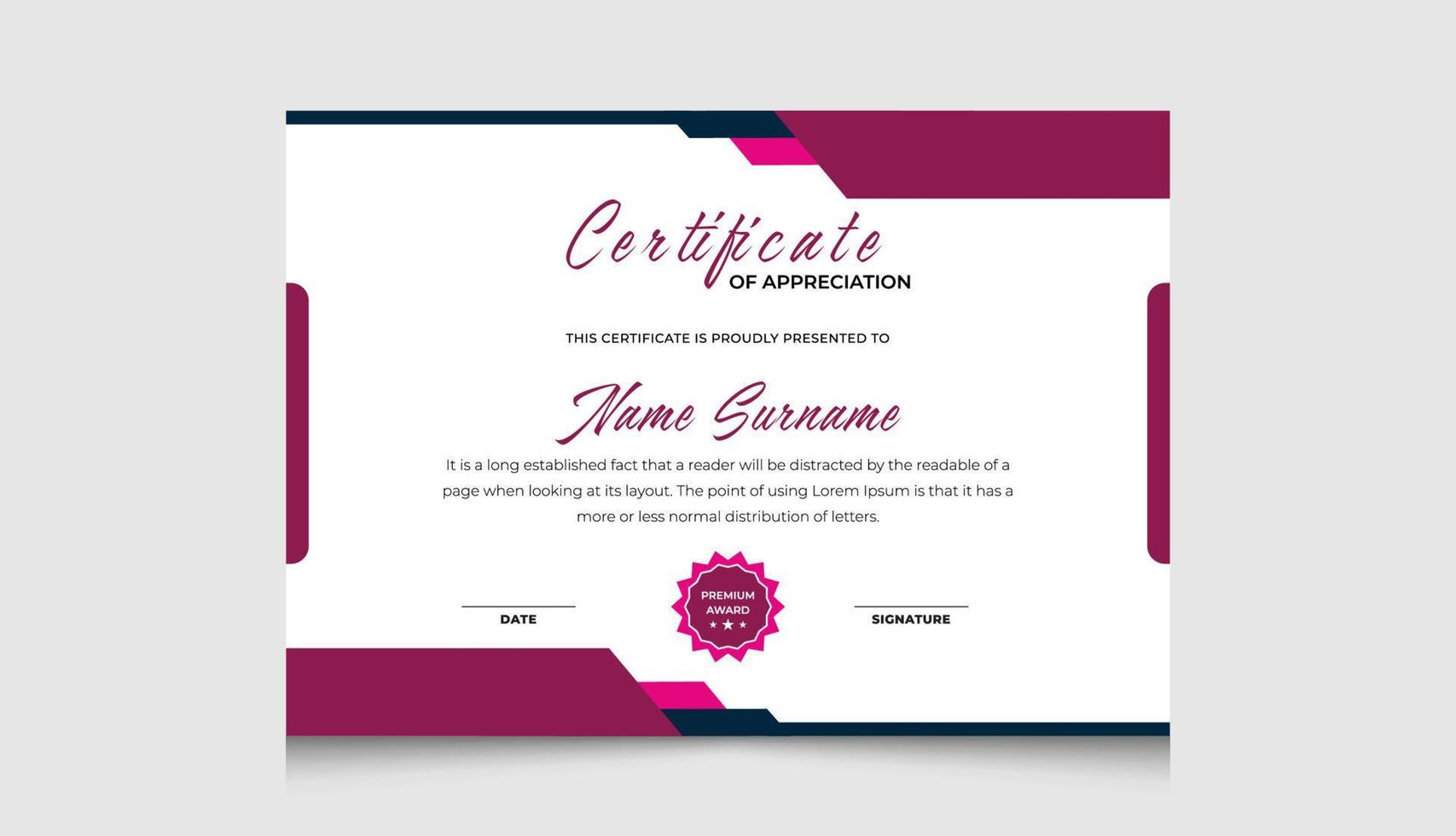 plantilla de certificado limpia y moderna, plantilla de vector de certificado de reconocimiento y logro, diseño de certificado de antecedentes de diploma.