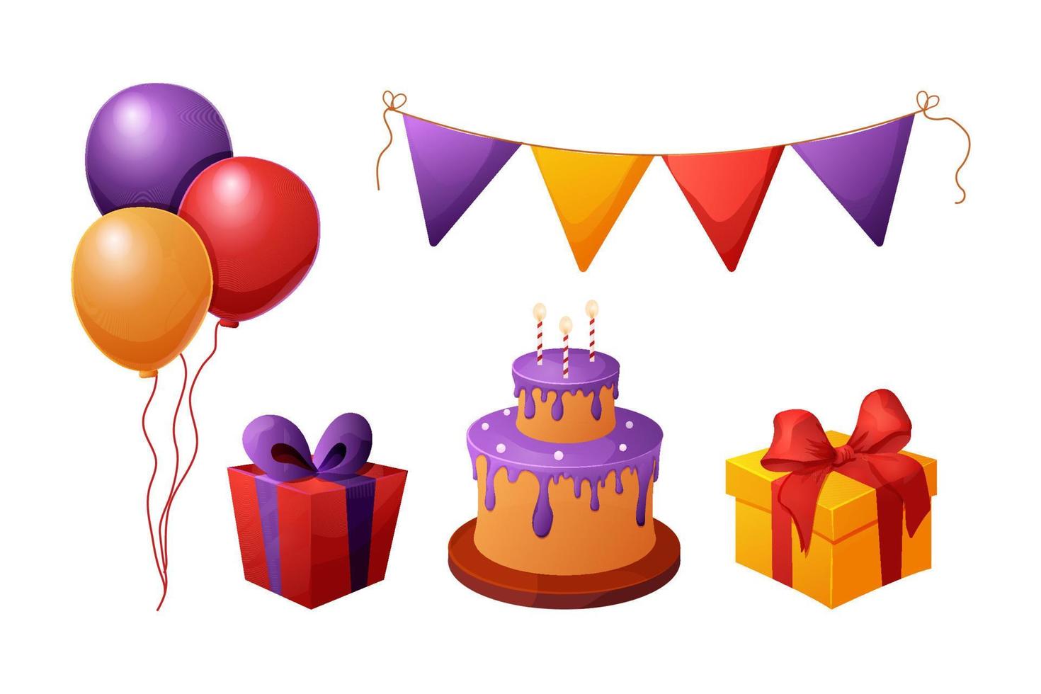 Set birthday elements, celebration cake and presents, garland and balloons, party paper hats in cartoon style isolated om white background. Vector illustration