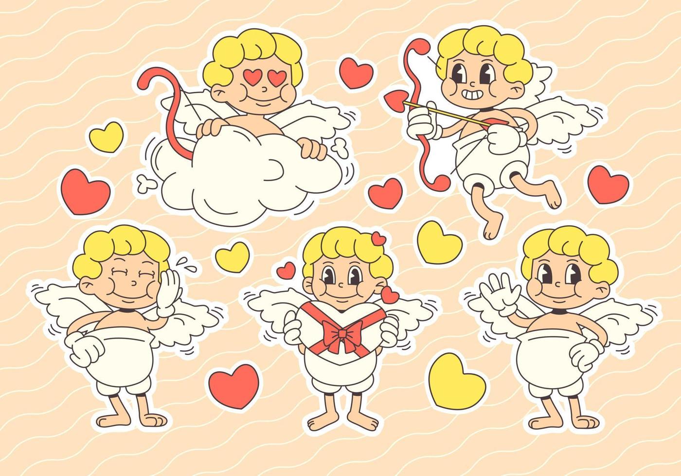 Set with cute cupid in trendy groovy style vector