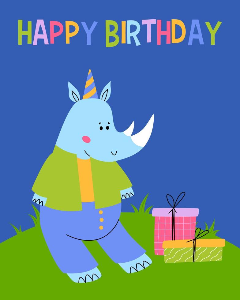Happy birthday card with fun rhinoceros. Cute rhino with gift box. Children greeting card for print. Vector cartoon illustration.
