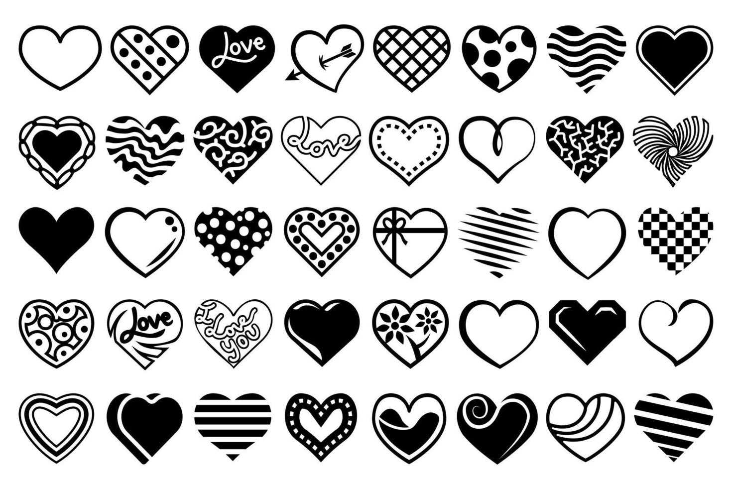 Black and white heart illustrations. Heart vector design set, abstract decorative designs.