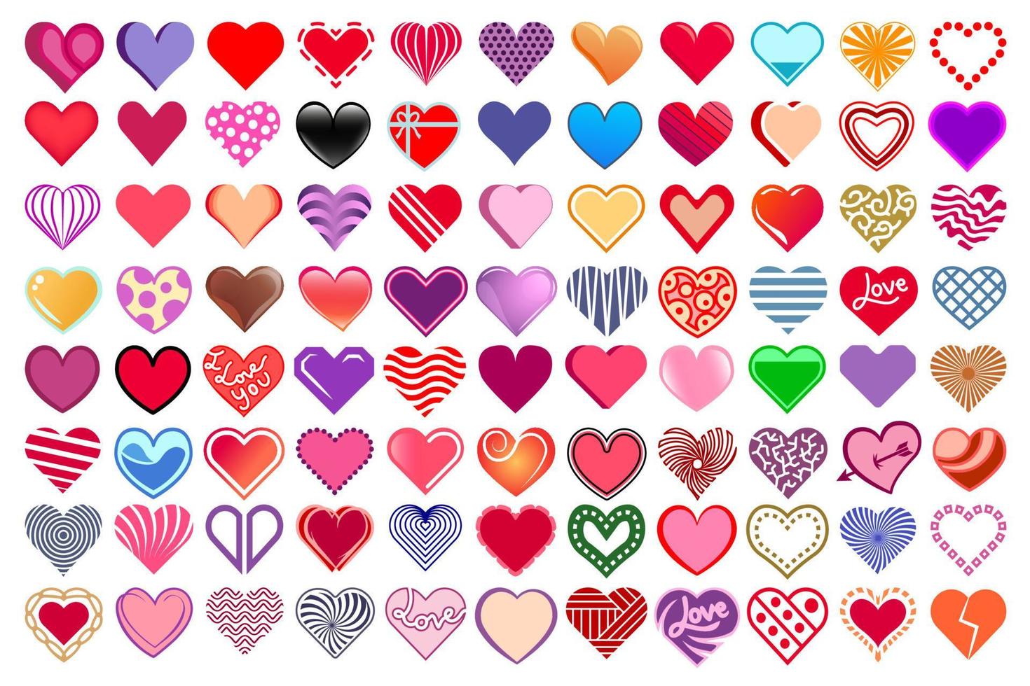 Colorful hearts isolated on white background. Heart icons in different color and design. Vibrant illustration set, colorful collection. vector