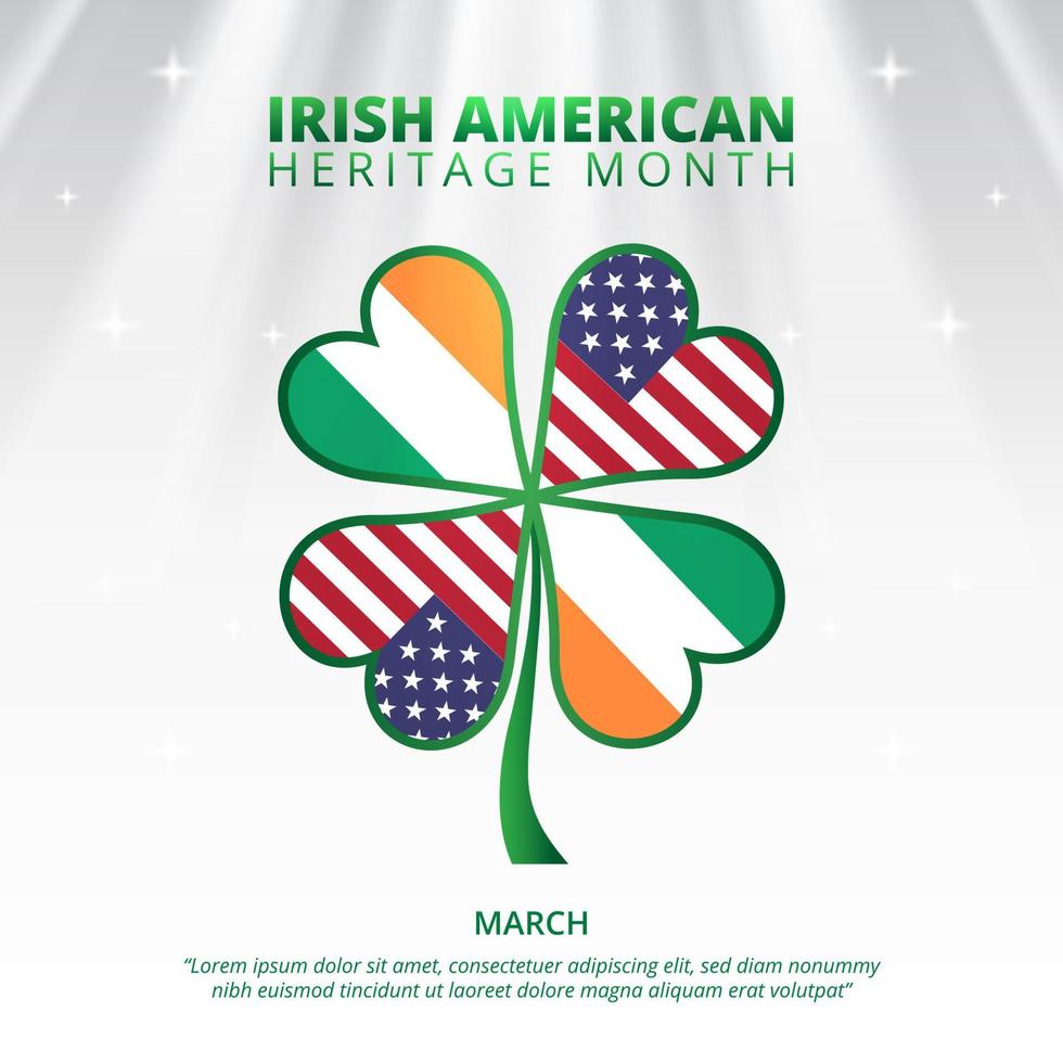 Irish American heritage month background with a shamrock leaf flag in