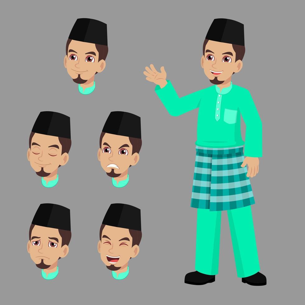 hombre malayo con traje tradicional y conjunto de expresiones vector