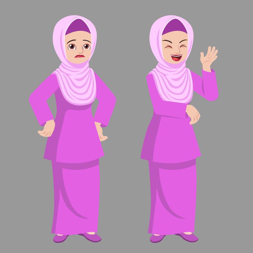 malay woman standing pose happy and sad vector