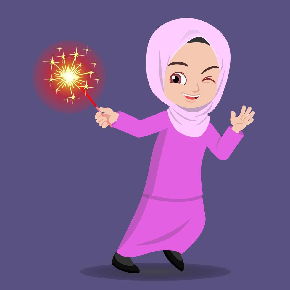 Malay girl playing firework in hand vector
