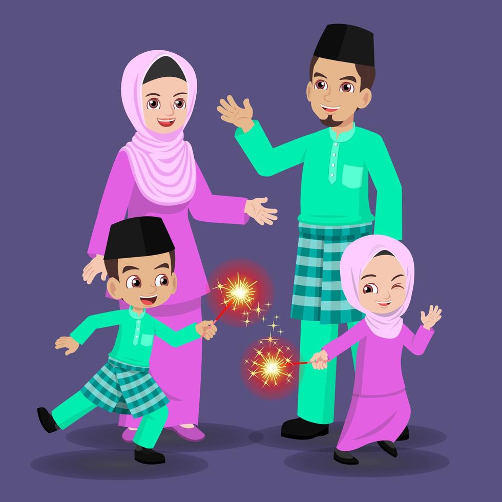 familia malaya celebrando hari raya vector