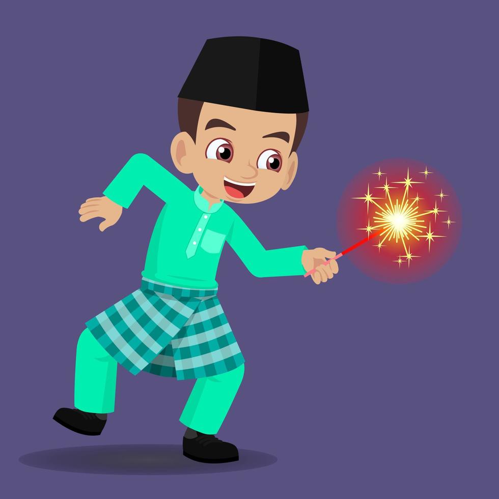 Malay boy playing firework in hand vector