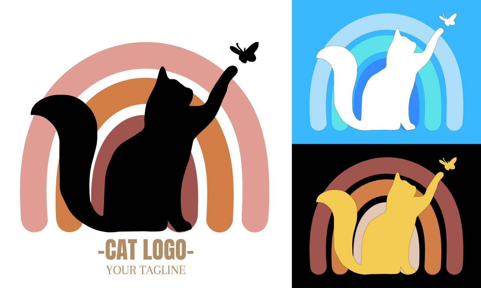 Ilustración de vector de diseño de logotipo minimalista de gato y mariposa, concepto de logotipos creativos