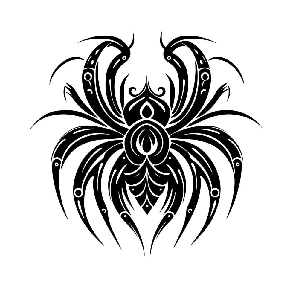 A scary black spider. Ornamental Halloween design for tattoo, t-shirt, poster, card, banner, emblem, sign. Isolated, black and white vector illustration.