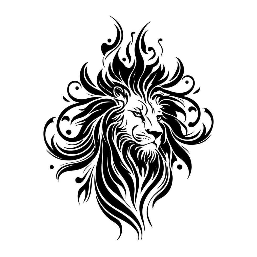 Tattoo portrait of a lion with a thick mane. Black and white vector illustration.