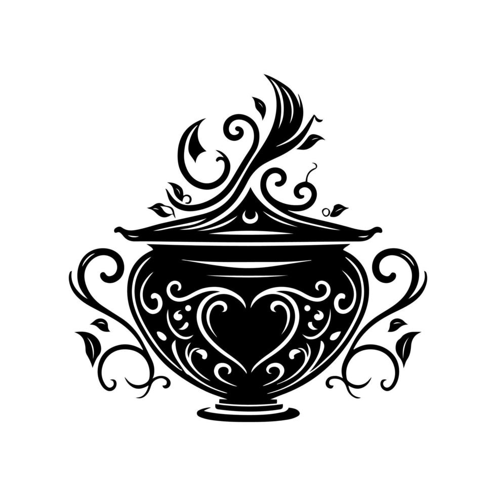 Ornamental witch's kettle with a magic potion and a heart pattern. Design element for Halloween, poster, card, banner, emblem, sign. Isolated, black and white vector illustration.