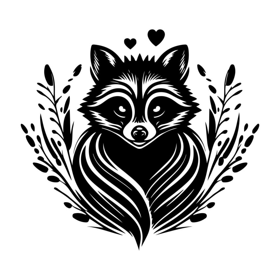 lindo mapache adornado enamorado en un matorral del bosque. elemento de diseño para camiseta, afiche, tarjeta, pancarta, emblema, signo. ilustración vectorial aislada, en blanco y negro. vector