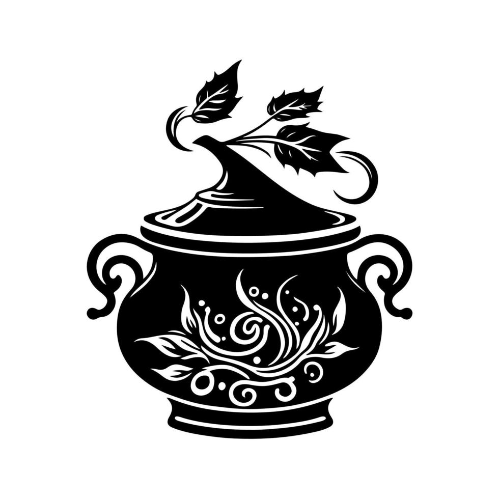 Ornamental witch's kettle with a magic potion and a floral pattern. Design element for Halloween, poster, card, banner, emblem, sign. Isolated, black and white vector illustration.
