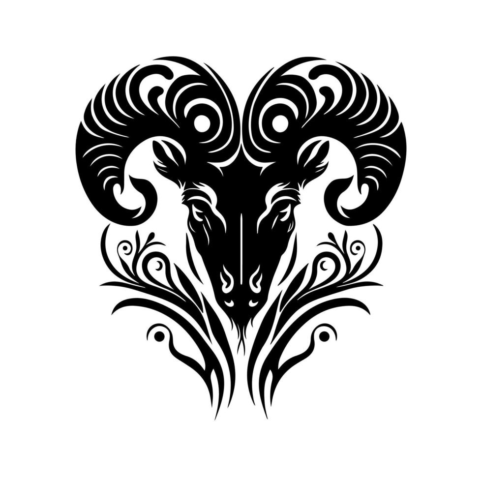 Ram with ornamental horns in a thicket. Design element for tattoo, t-shirt, poster, card, banner, emblem, sign. Isolated, black and white vector illustration.