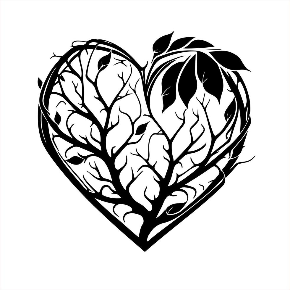 forma de corazón de árbol rizado blanco y negro. vector simple para logotipo, tatuaje, emblema, bordado, signo, elaboración.