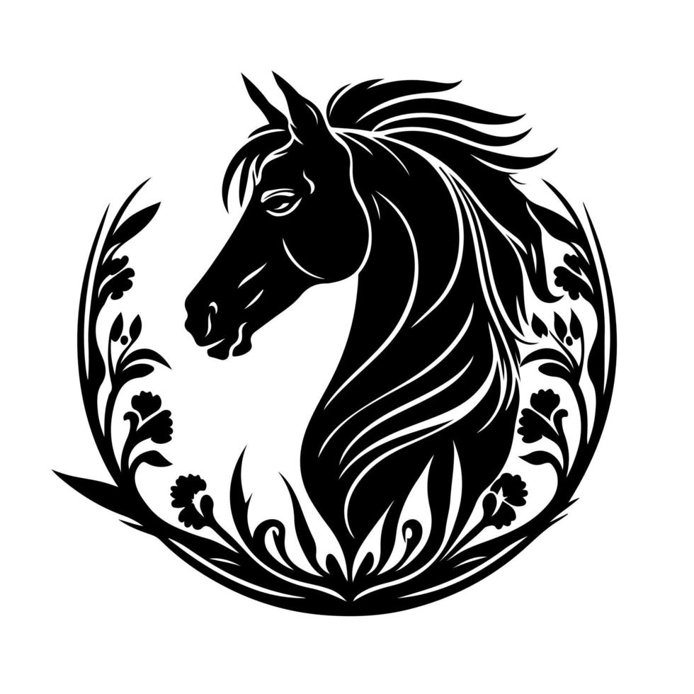 retrato de caballo adornado en una corona floral. ilustración vectorial floral para logotipo, emblema, mascota, bordado, signo, elaboración. vector