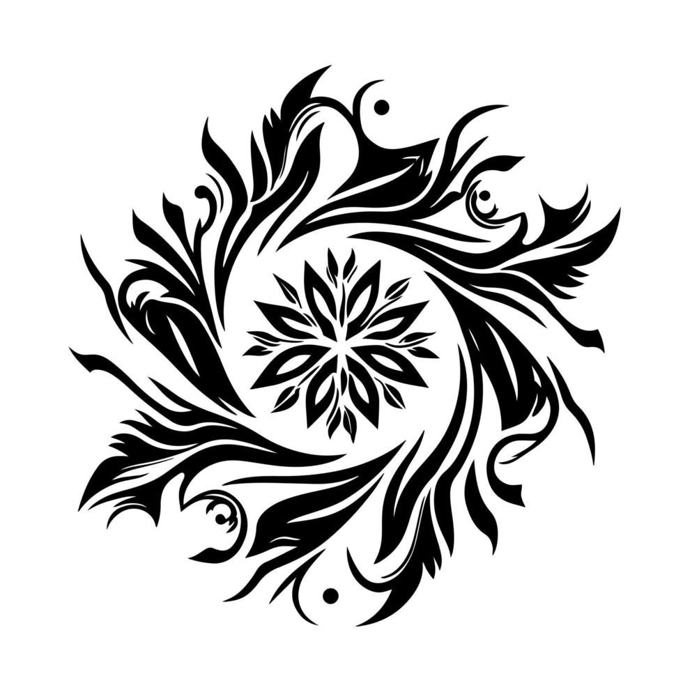 Ornamental, abstract snowflake. Design element for tattoo, sign, emblem, t-shirt, embroidery, sublimation. Isolated, black and white vector illustration.