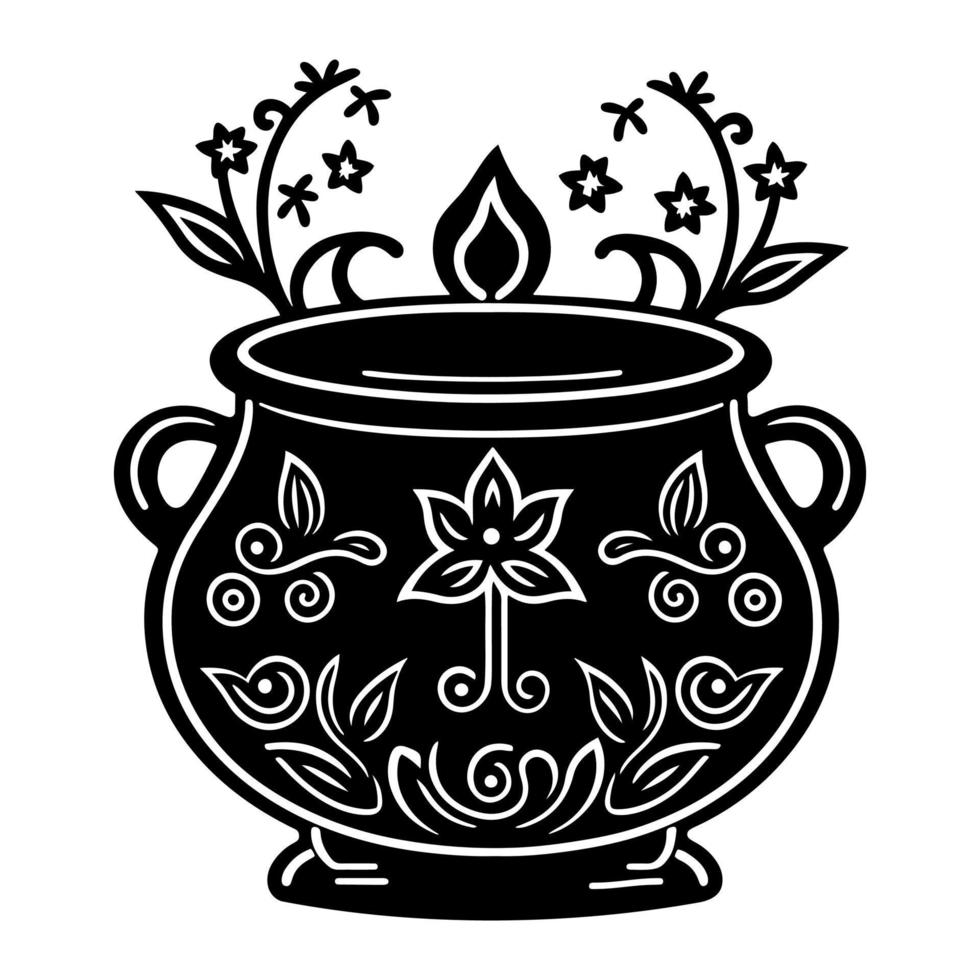 Ornamental cooking pot with a floral pattern. Design element for Halloween, poster, card, banner, emblem, sign. Isolated, black and white vector illustration.