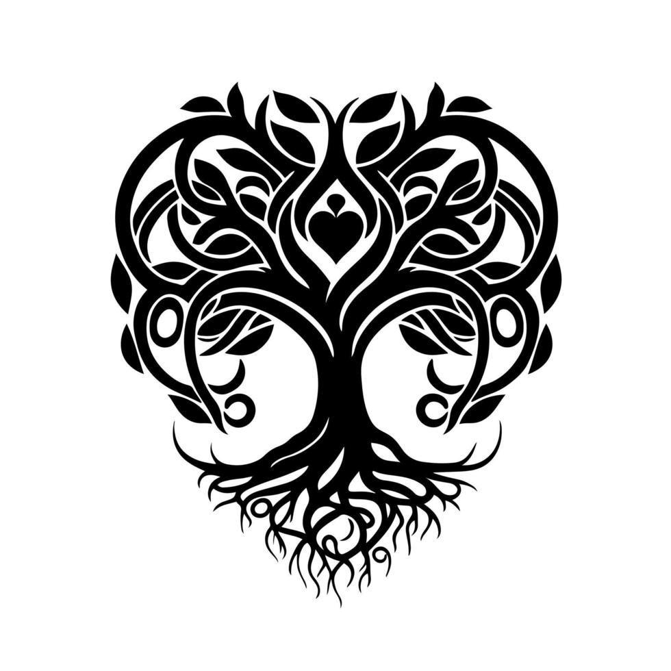 Curly tree of life - Yggdrasil with heart shape in the middle of the tree crown. Ornamental design for logo, mascot, sign, emblem, t-shirt, embroidery, crafting, sublimation, tattoo. vector