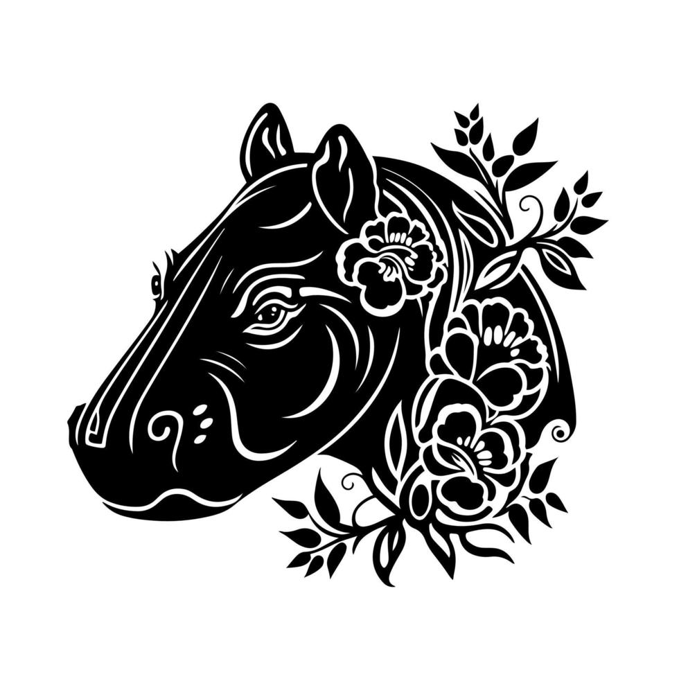 Ornate hippo portrait. Floral vector illustration for logo, emblem, mascot, embroidery, sign, crafting.