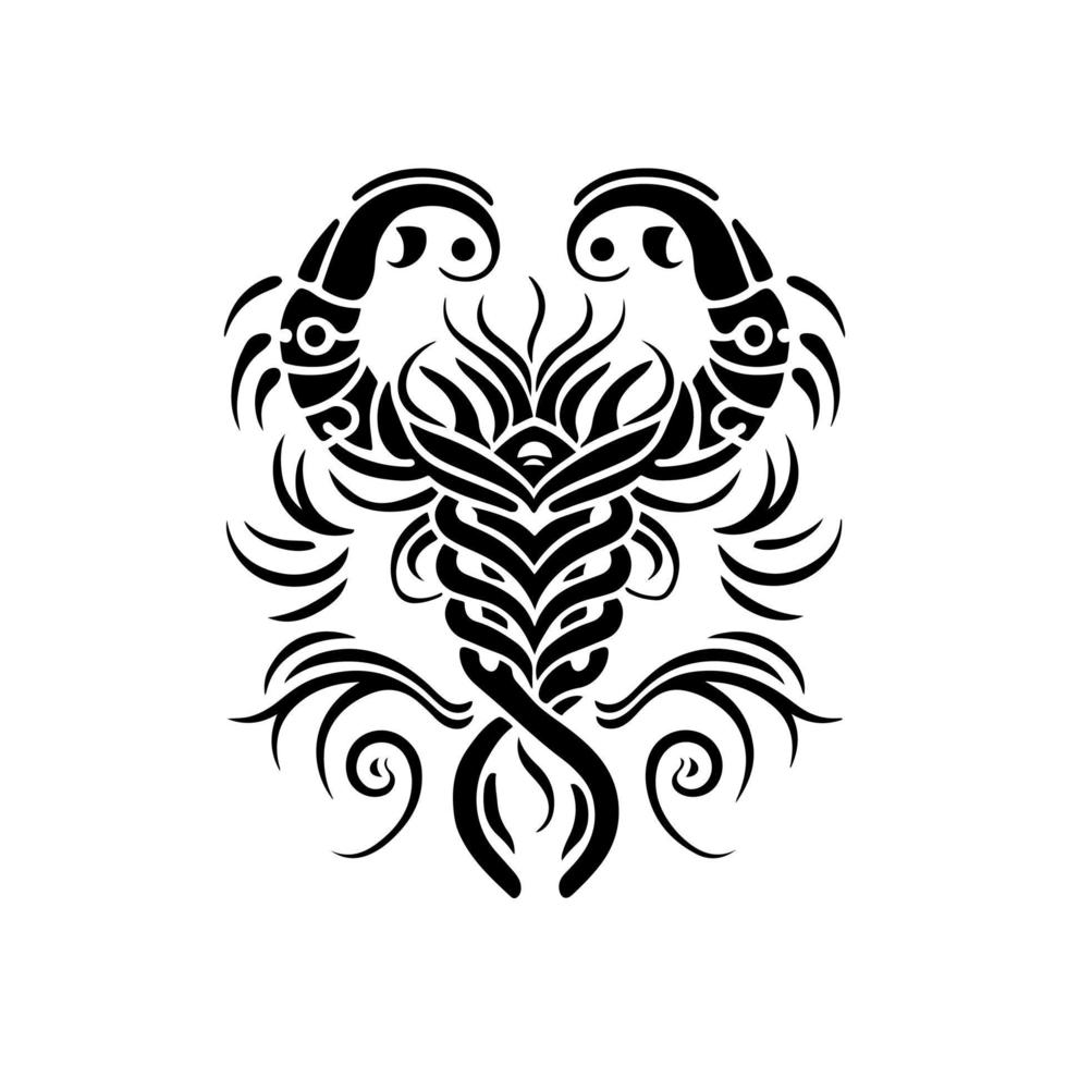 Black and white scorpion illustration. Ornamental vector design for tattoo, logo, sign, emblem, t-shirt, embroidery, crafting.