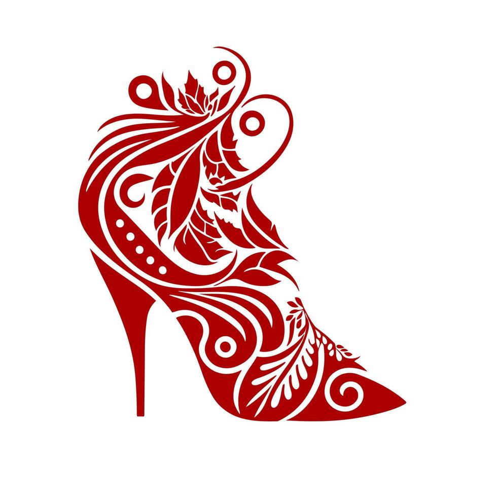 Red ornamental women's shoe with a high heel on white background. Design element for logo, poster, card, banner, emblem, sign. Monochrome vector illustration.