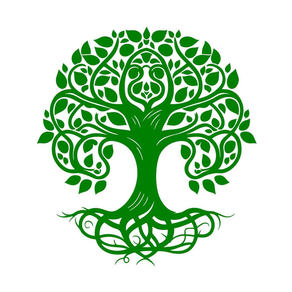 Beautiful curly green tree with roots. Monochrome vector illustration for mascot, sign, emblem, t-shirt, embroidery, crafting, sublimation, tattoo.