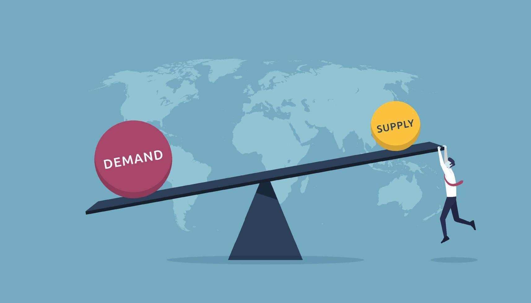 oferta y demanda con balancín que muestra alta demanda y baja oferta, el hombre de negocios intenta equilibrarlo o equilibrarlo para el mundo vector