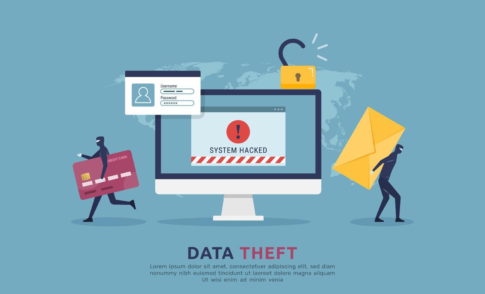 Cyber attack security and data theft activity concept,  confidential or financial information stealing from computer with warning message alert, phishing activity on internet access vector