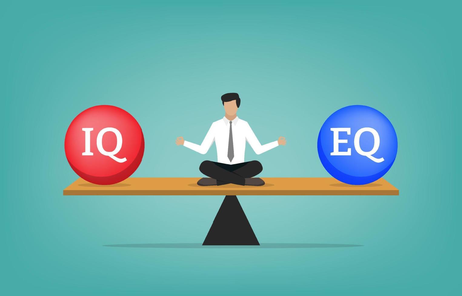 hombre de negocios relajándose y meditando en el balancín, equilibrando entre iq y eq o cociente de inteligencia y concepto de cociente emocional vector