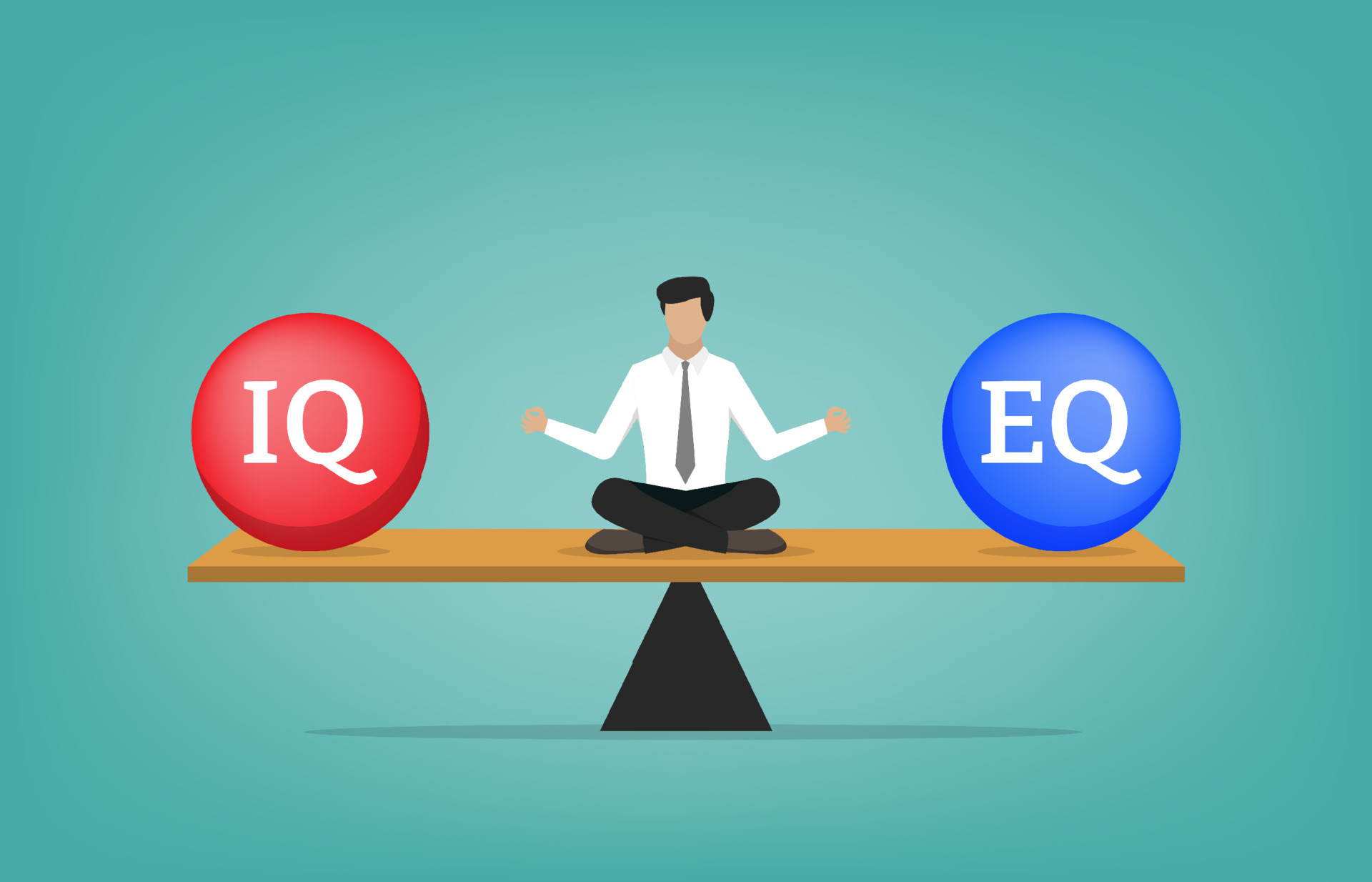 Businessman relaxing and meditate on the seesaw balancing between IQ Businessman relaxing and meditate on the seesaw balancing between IQ